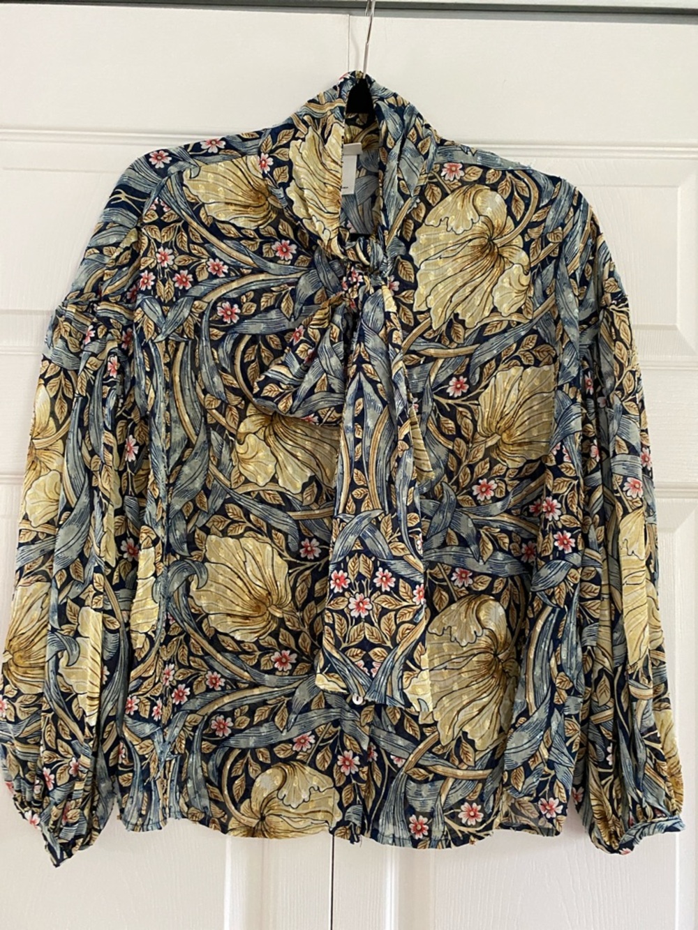 H&M Morris & Co Collab Tie-Neck Floral Blouse in Blues and Cream Size 2